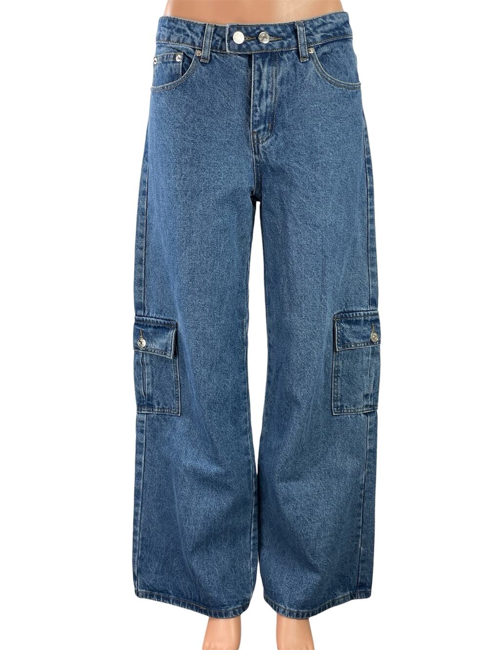 Edikted Women's Blue High Rise Baggy Wide Leg Cargo Denim Jeans Pants Size M